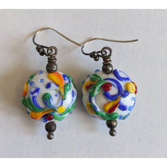 Hand Blown Glass Bead Earrings Colorful Swirls Sterling Silver Hooks - Picture 13 of 13